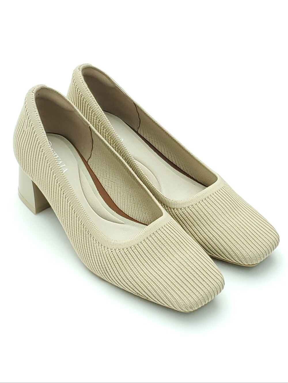 Vivaia Melody Pro Square-Toe Almond Knit Chunky Heels Size EU 37.5 | US 7